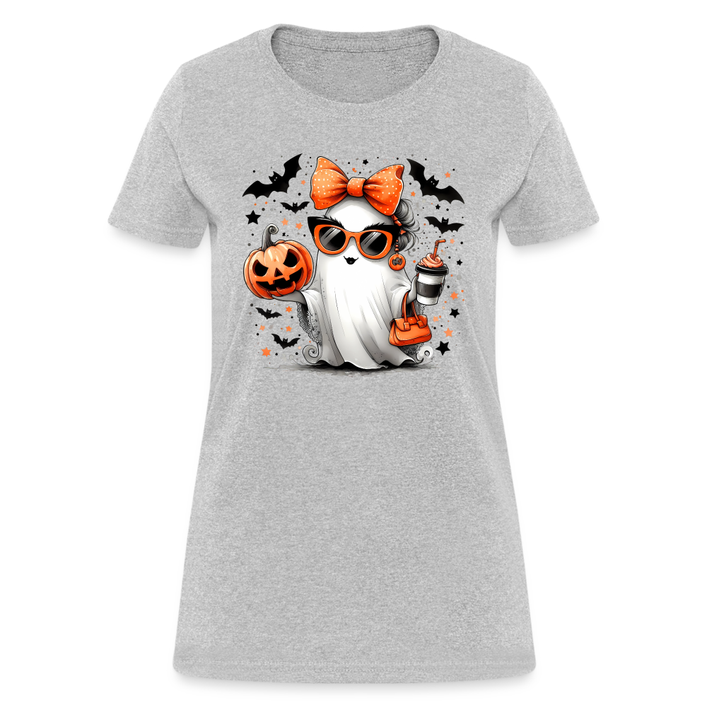 Cute Halloween Ghost with Pumpkins and Bats Women's T-Shirt (Mom Halloween Tee) - heather gray