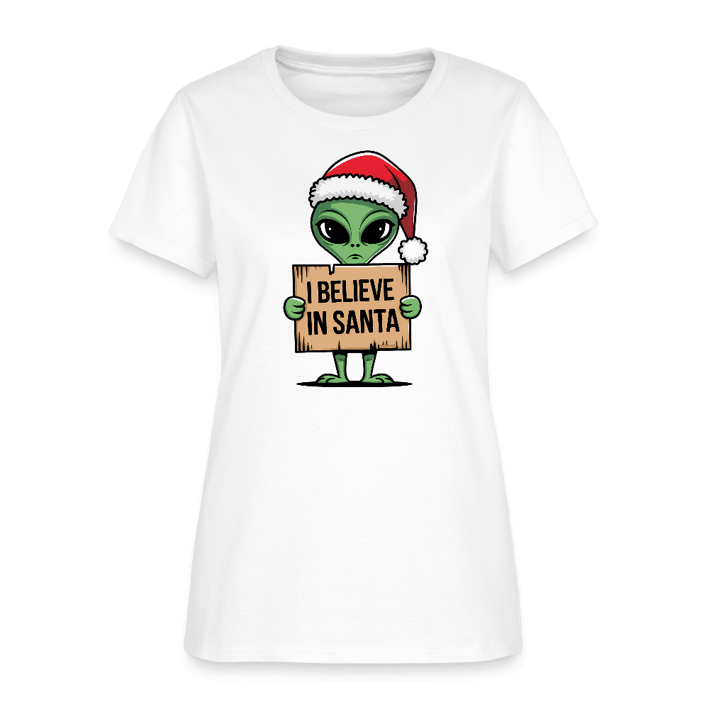 I Believe in Santa Women’s T-Shirt – Alien Christmas Tee Color: red