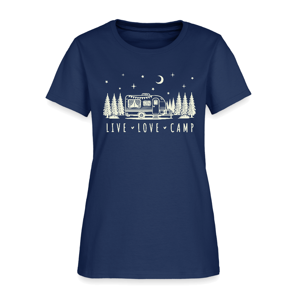 Live Love Camp Women’s T-Shirt – Camper Under the Stars Color: blue dusk