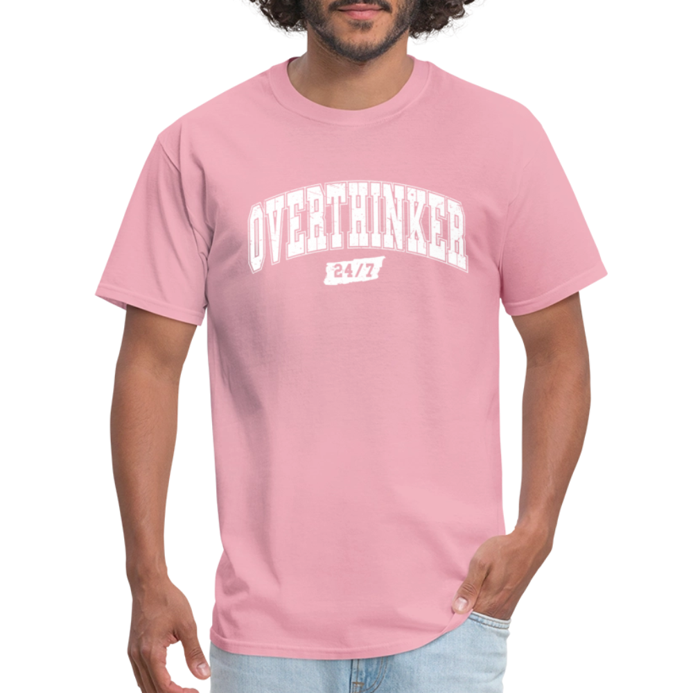 Overthinker 24/7 Funny T-Shirt – White Arched Letters Color: heather black