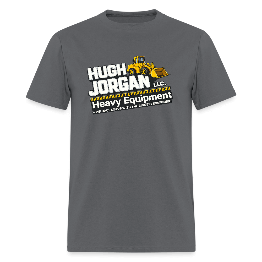 Hugh Jorgan T-Shirt – Heavy Equipment Adult Humor Tee Color: charcoal