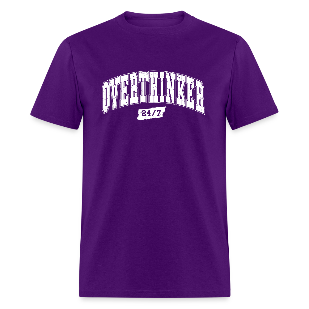 Overthinker 24/7 Funny T-Shirt – White Arched Letters Color: purple