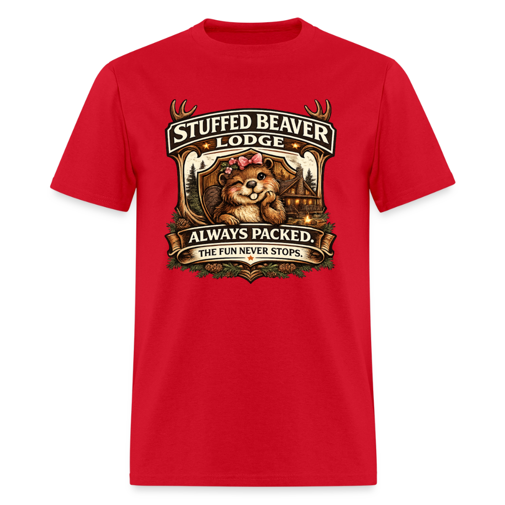 Stuffed Beaver Lodge Funny Adult T-Shirt Color: Red