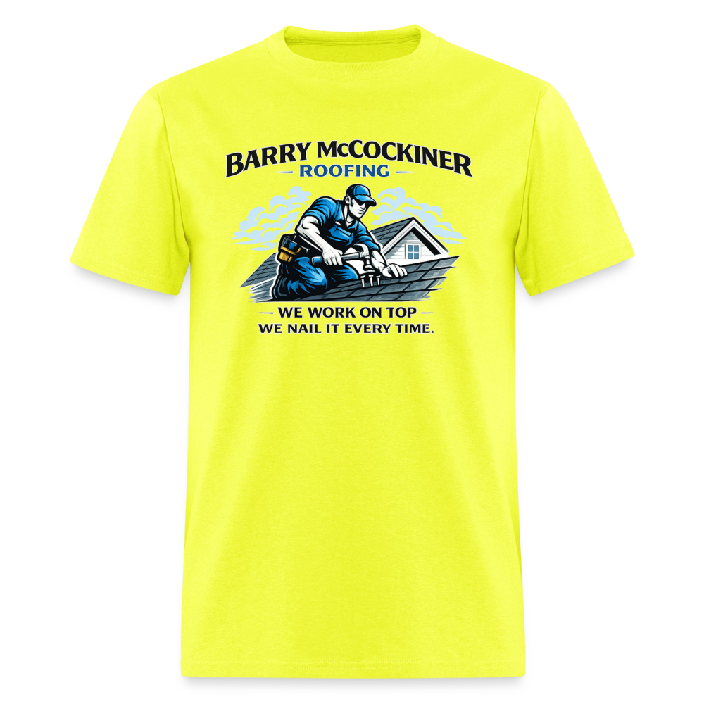 Barry McCockiner Roofing Funny Adult T-Shirt Color: Safety Green