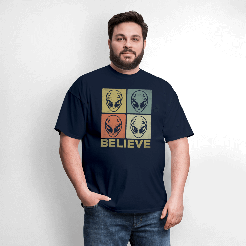 Believe Alien T-Shirt – UFO Style with Alien Faces Design Color: white