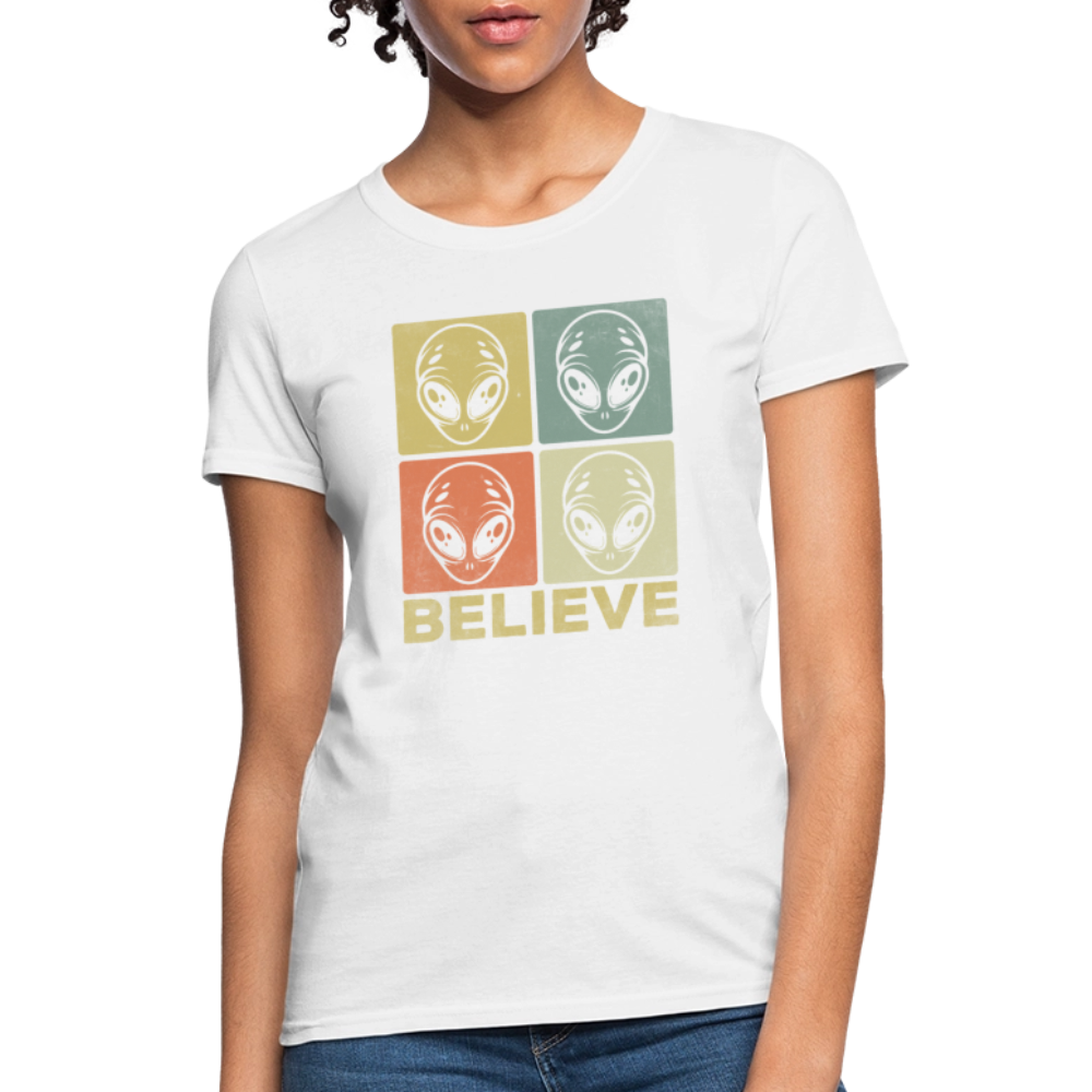 Believe Alien Women’s T-Shirt – Cute UFO Style with Alien Faces - white