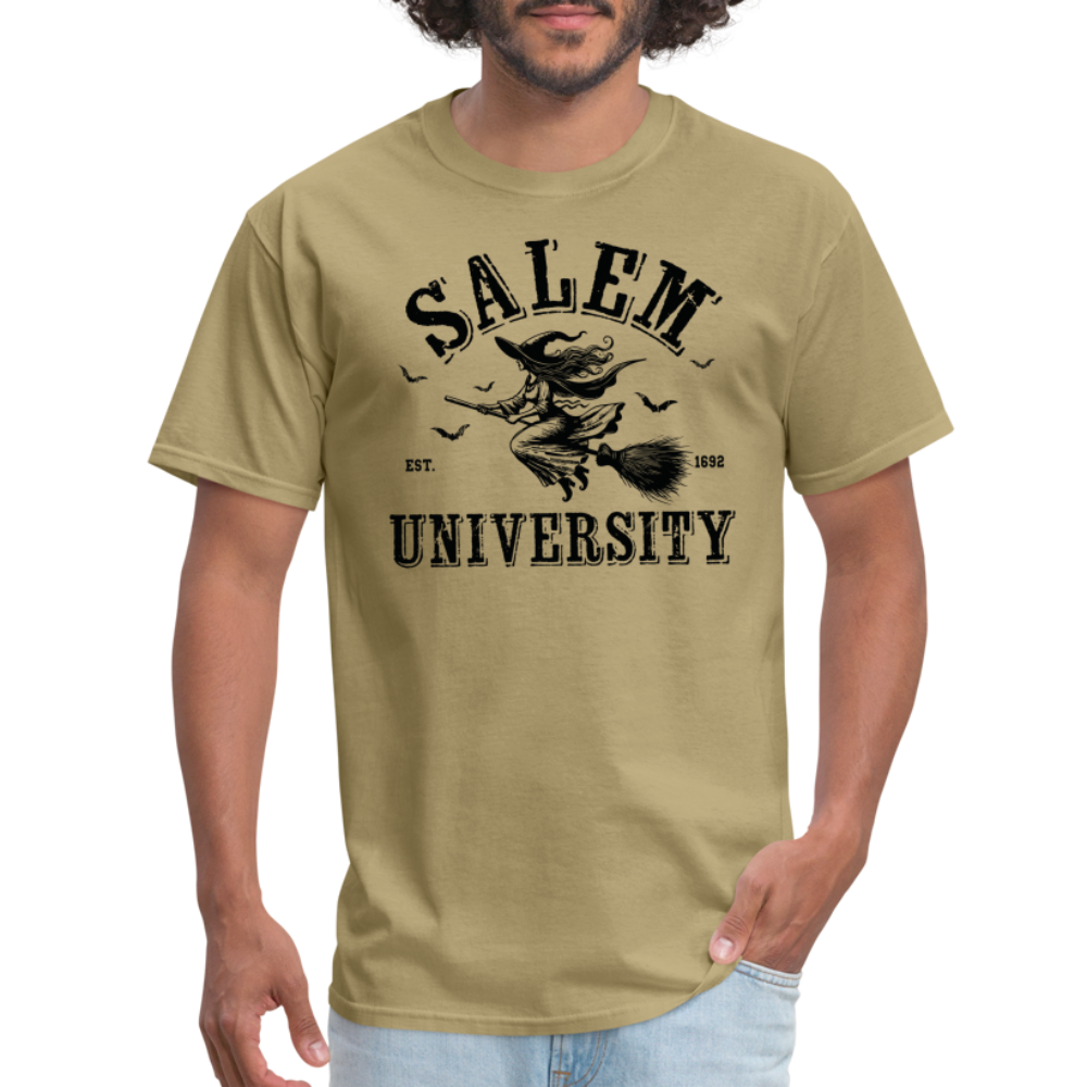 Salem University T-Shirt (Halloween Witch Riding Broom) - khaki