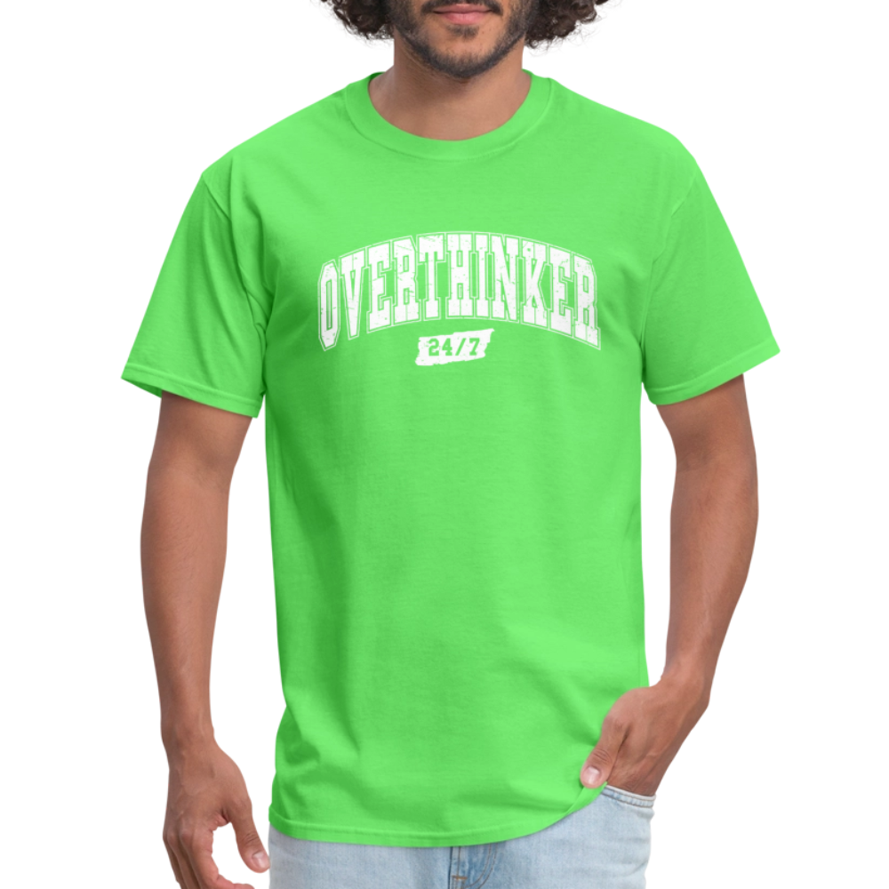 Overthinker 24/7 Funny T-Shirt – White Arched Letters Color: heather black