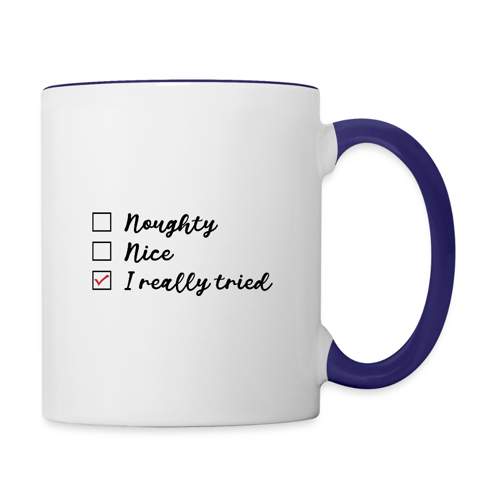 Naught Nice I Really Tried Coffee Mug (Christmas) Color: white/cobalt blue