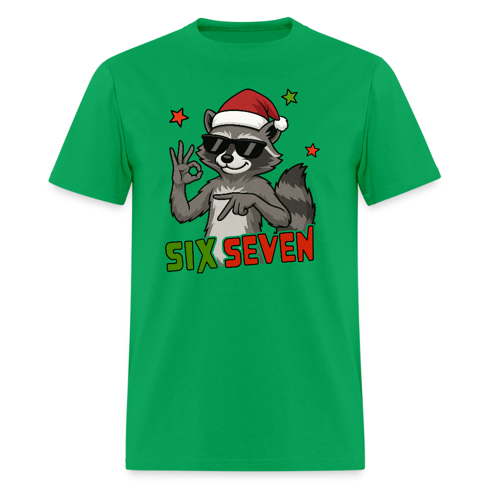 Six Seven 67 Raccoon Wearing Christmas Hat T-Shirt - bright green