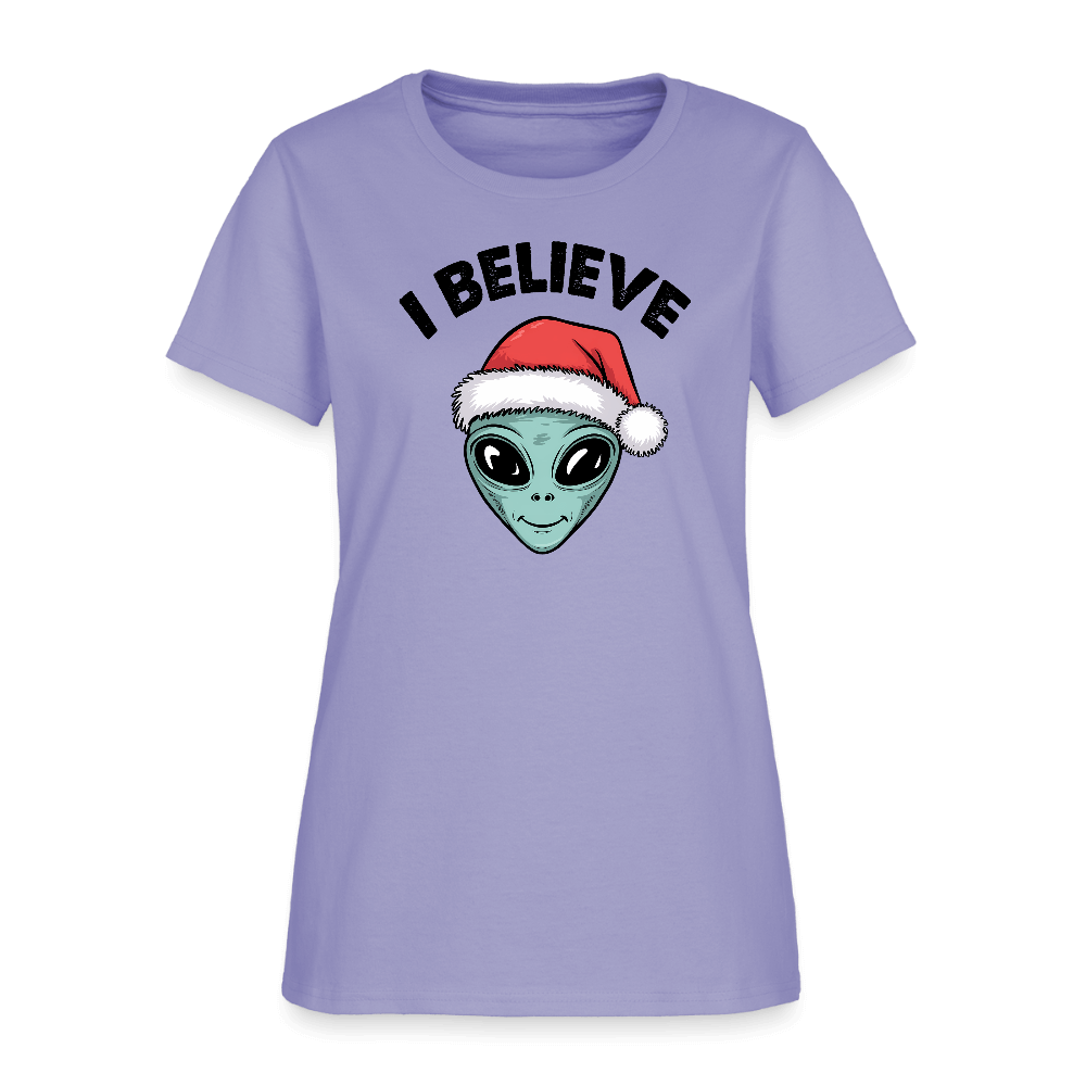 I Believe in Santa Women’s T-Shirt – Alien Christmas Tee Color: lavender