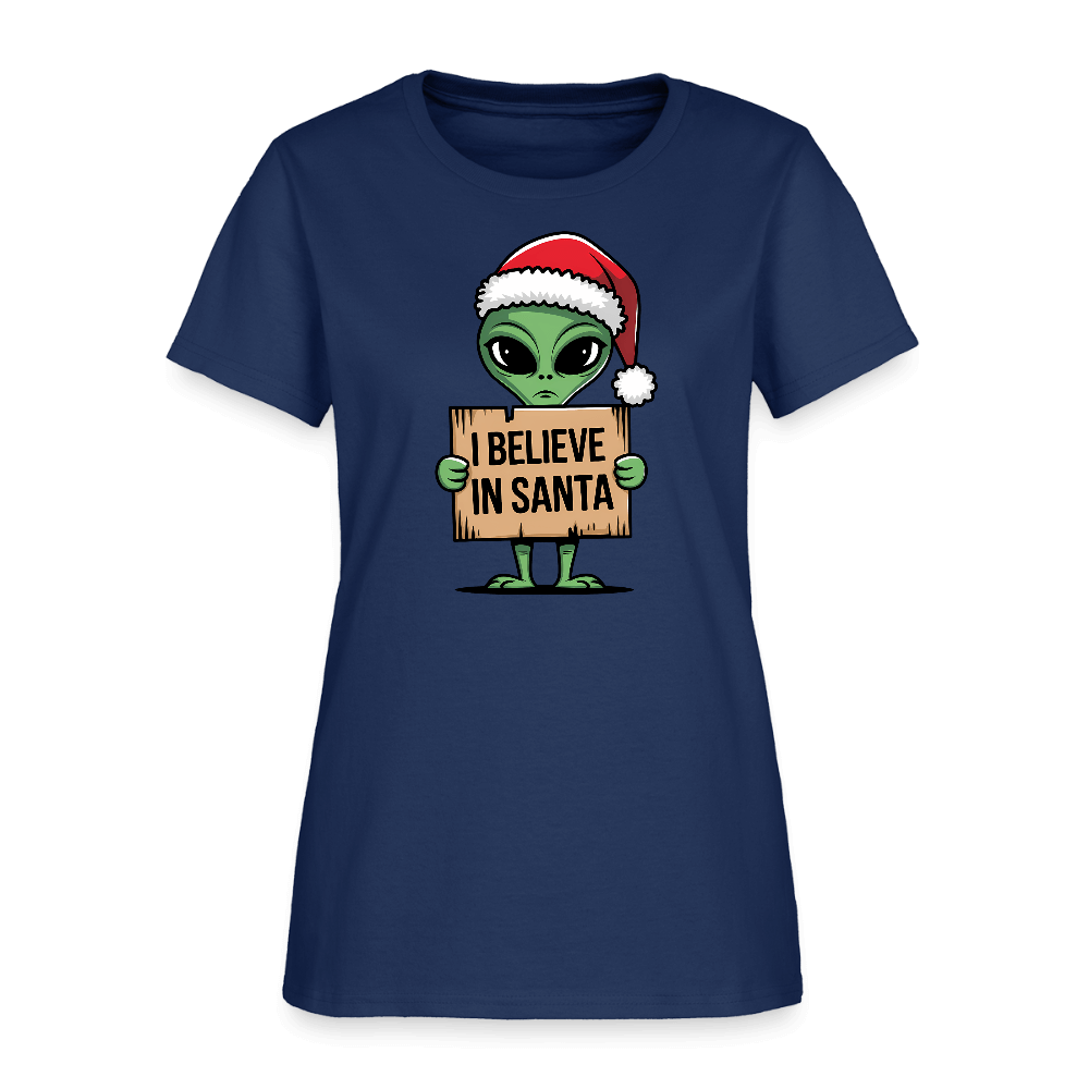 I Believe in Santa Women’s T-Shirt – Alien Christmas Tee Color: blue dusk