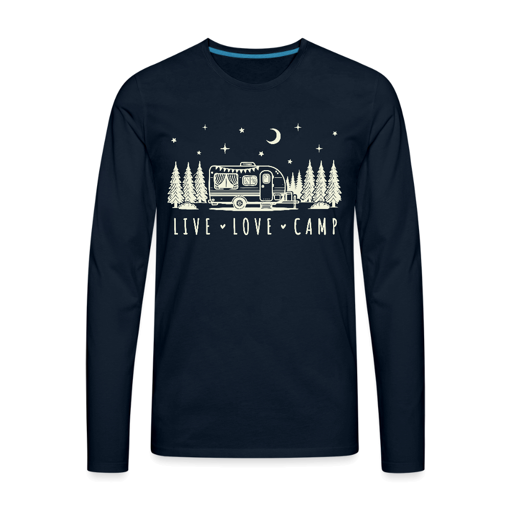 Live Love Camp Men’s Long Sleeve Tee – Camper in the Woods - deep navy