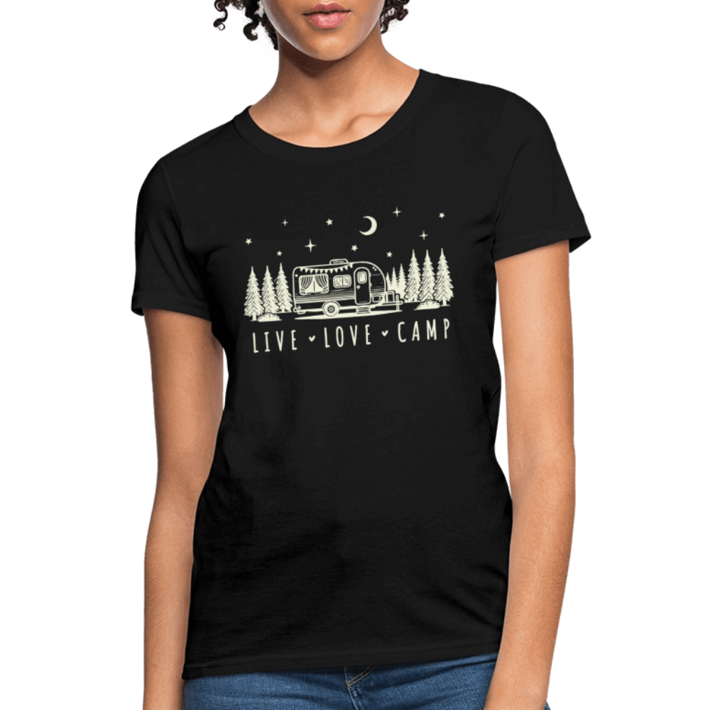 Live Love Camp Women’s T-Shirt – Camper Under the Stars - black