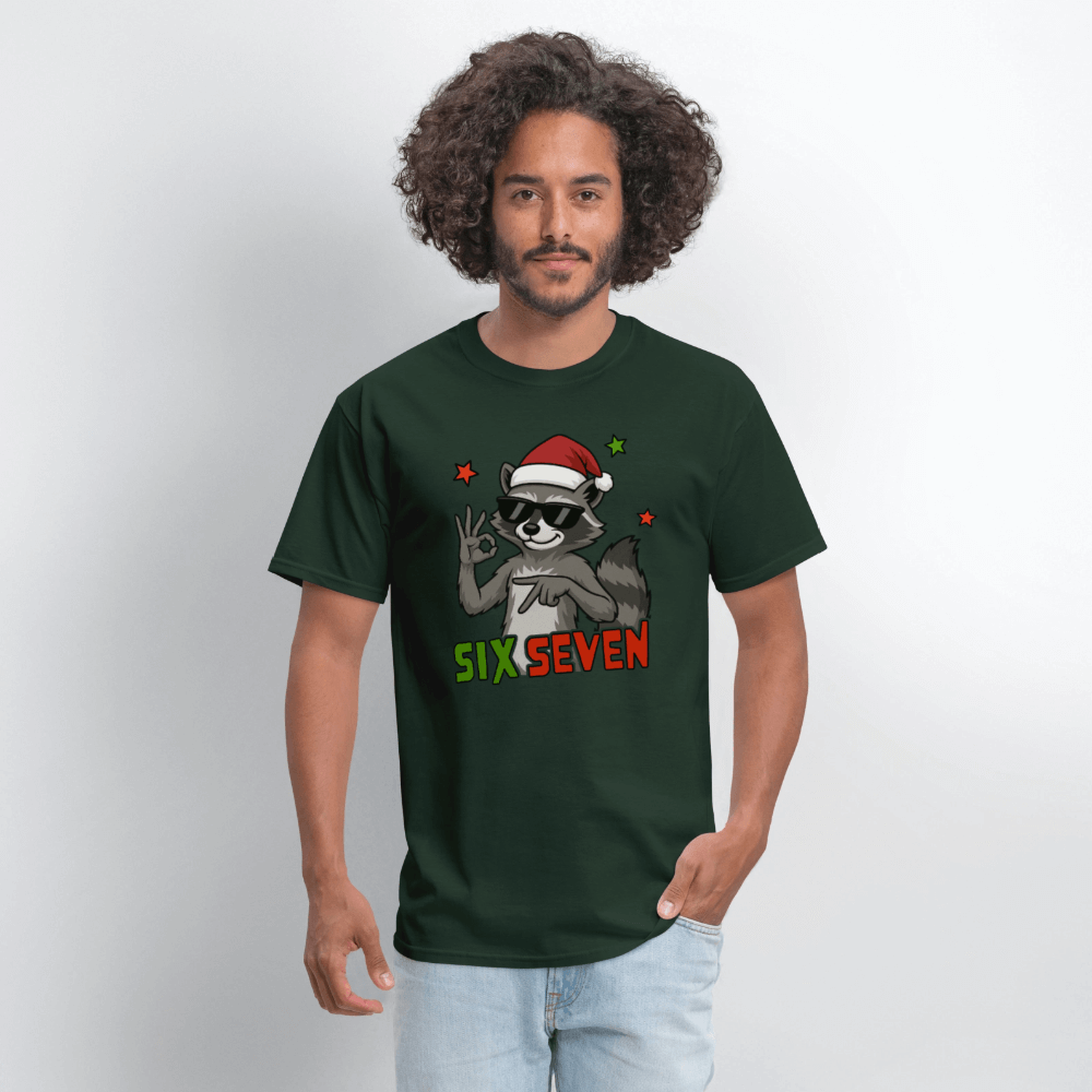 Six Seven 67 Raccoon Wearing Christmas Hat T-Shirt Color: heather gray
