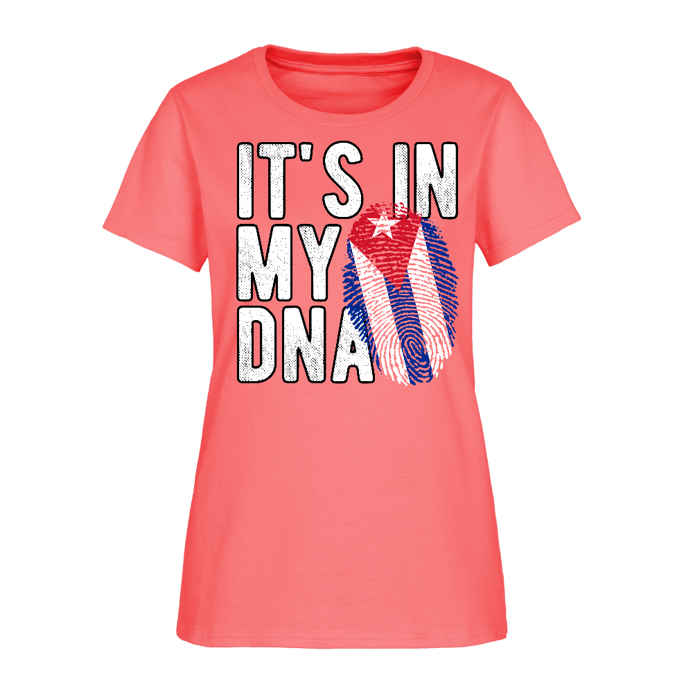 Cuban DNA Women’s T-Shirt – Fingerprint Flag Tee Color: coral