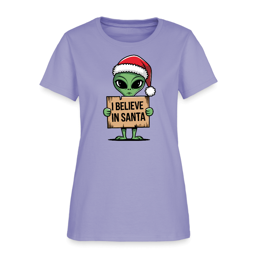 I Believe in Santa Women’s T-Shirt – Alien Christmas Tee Color: lavender