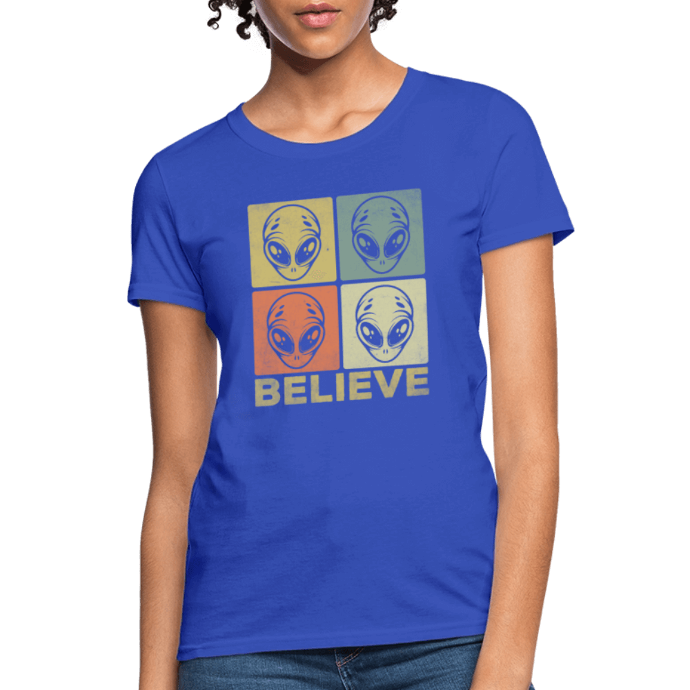 Believe Alien Women’s T-Shirt – Cute UFO Style with Alien Faces Color: black