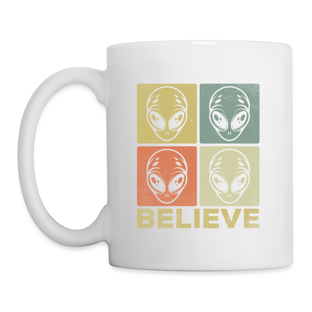 Believe Alien Coffee Mug – Funny UFO Mug with Alien Faces - white