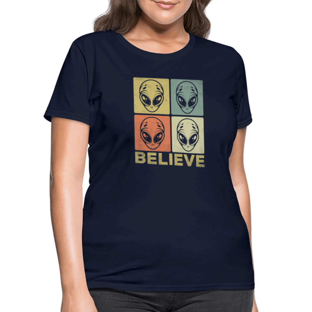 Believe Alien Women’s T-Shirt – Cute UFO Style with Alien Faces Color: black
