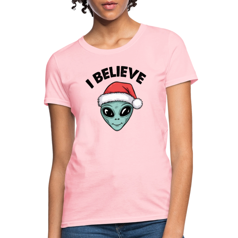 I Believe in Santa Women’s T-Shirt – Alien Christmas Tee Color: pink