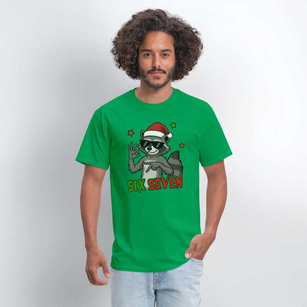 Six Seven 67 Raccoon Wearing Christmas Hat T-Shirt - bright green
