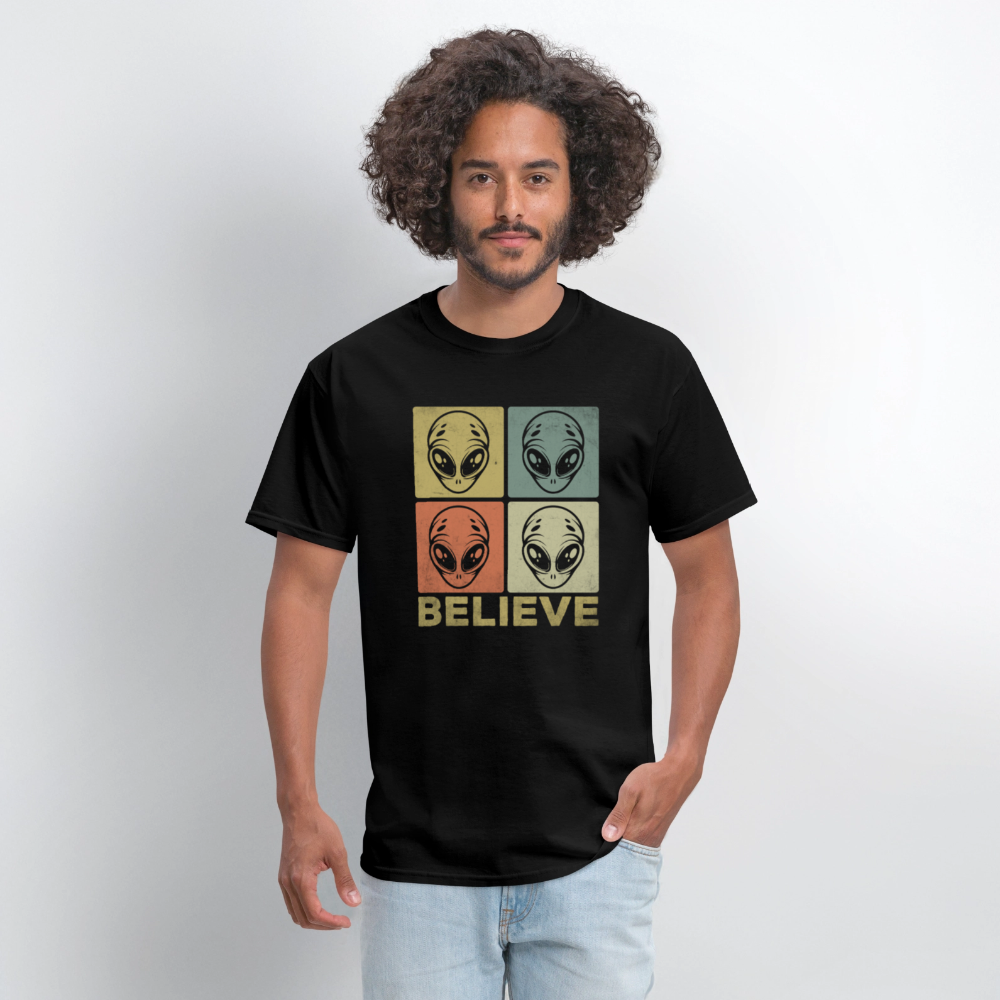 Believe Alien T-Shirt – UFO Style with Alien Faces Design - black