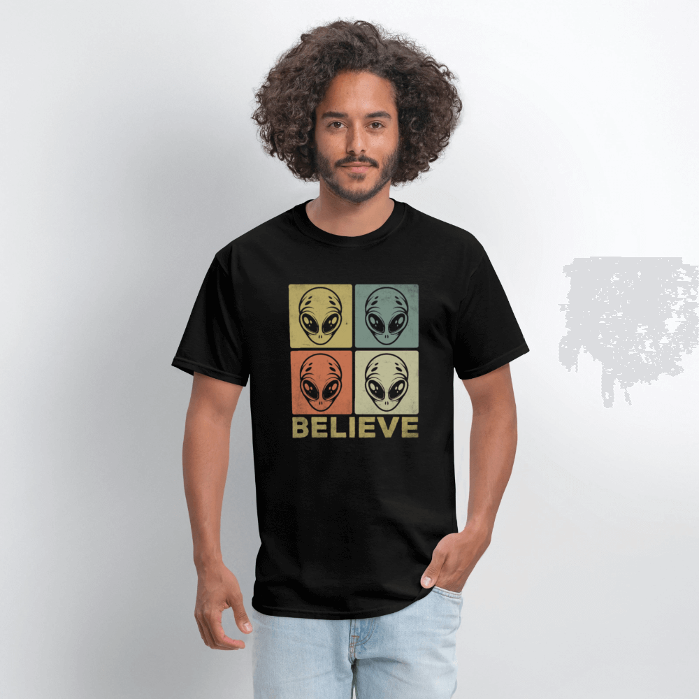 Believe Alien T-Shirt – UFO Style with Alien Faces Design Color: white