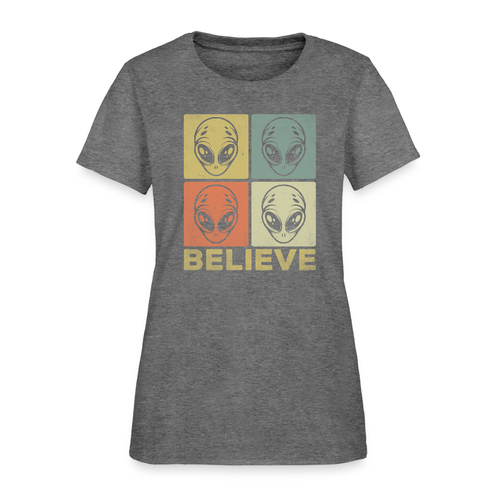 Believe Alien Women’s T-Shirt – Cute UFO Style with Alien Faces - graphite heather