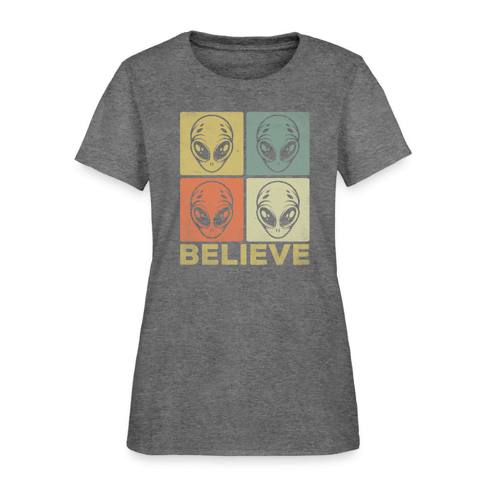 Believe Alien Women’s T-Shirt – Cute UFO Style with Alien Faces Color: graphite heather