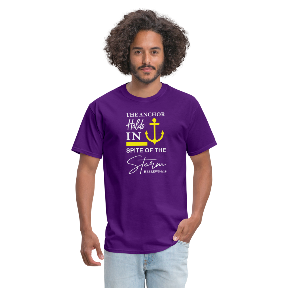 The Anchor Holds in Spit of the Storm T-Shirt (Hebrews 6:19) - purple