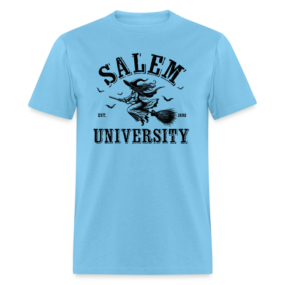Salem University T-Shirt (Halloween Witch Riding Broom) - aquatic blue