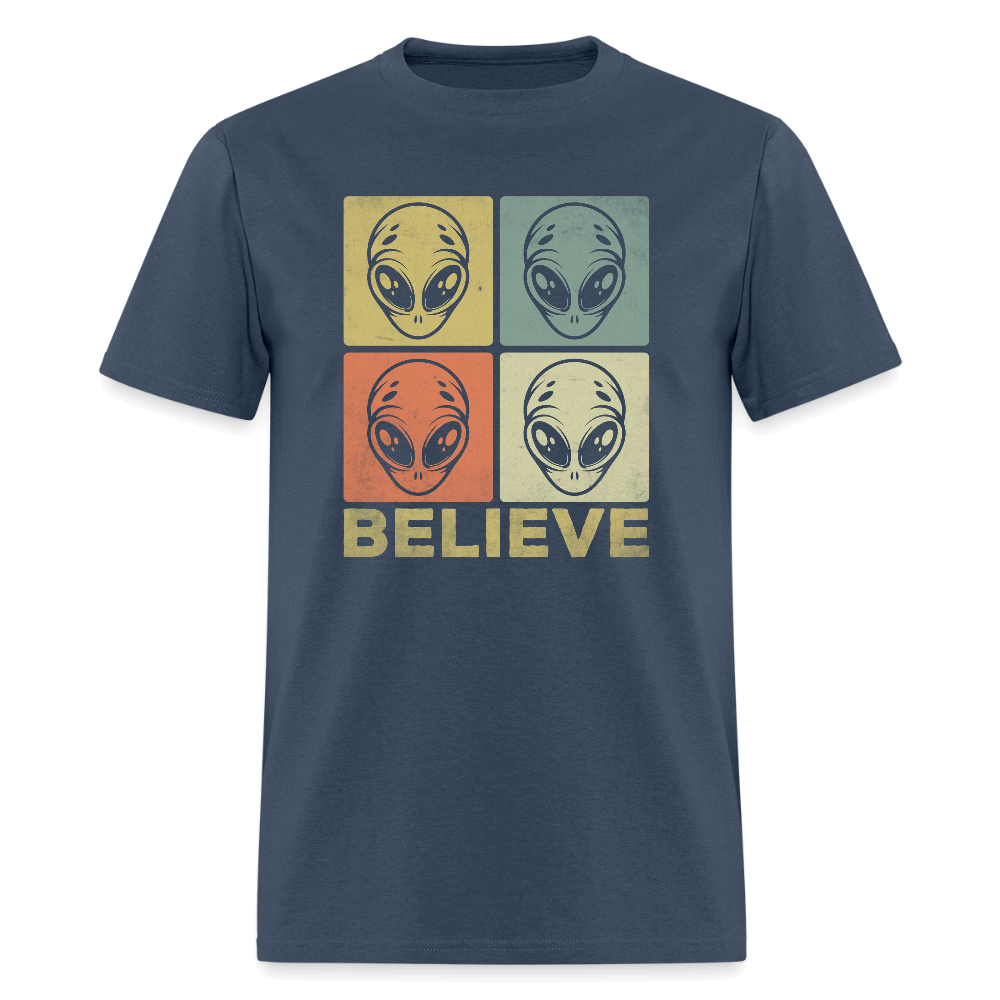 Believe Alien T-Shirt – UFO Style with Alien Faces Design Color: blue dusk