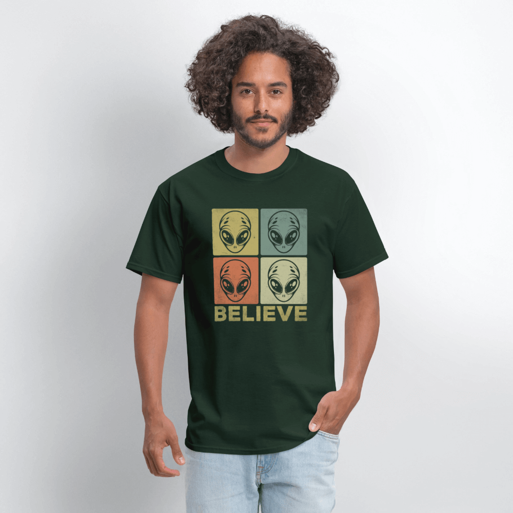 Believe Alien T-Shirt – UFO Style with Alien Faces Design Color: white