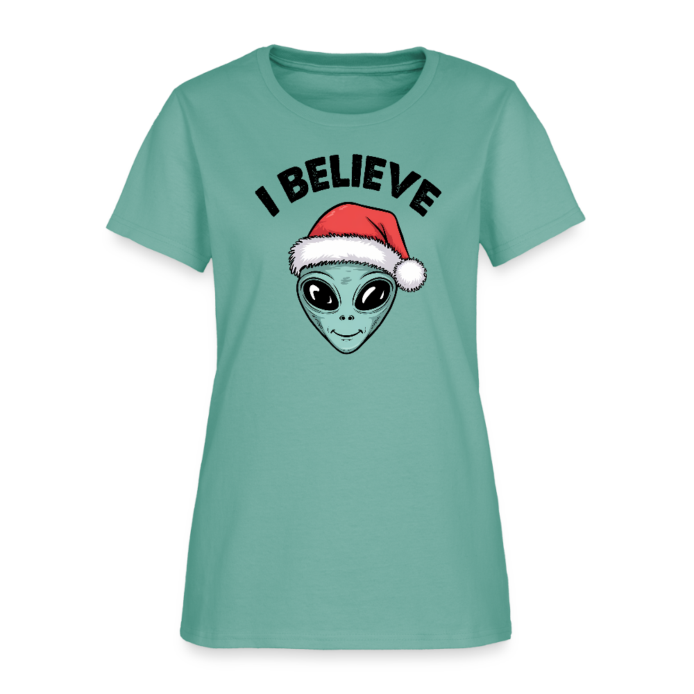 I Believe in Santa Women’s T-Shirt – Alien Christmas Tee Color: aquatic