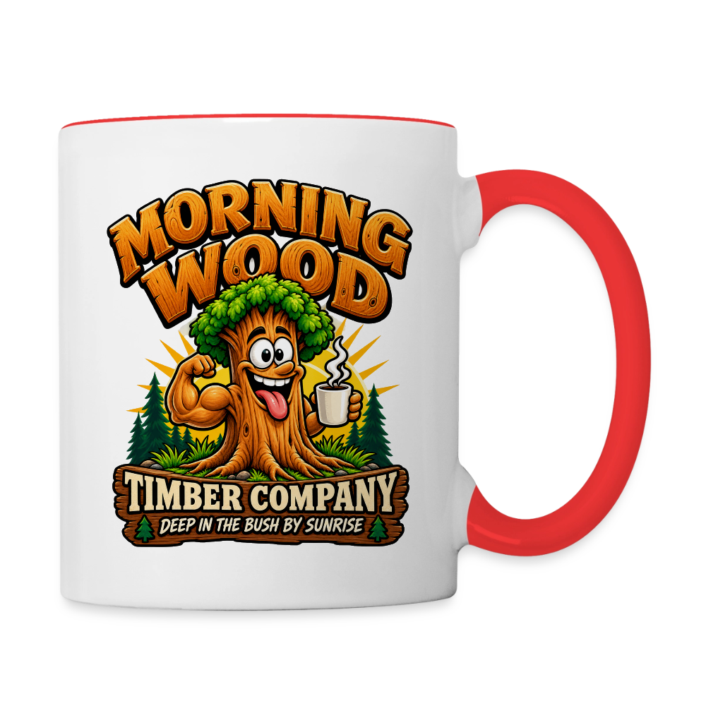 Morning Wood Timber Company Funny Ceramic Coffee Mug – Adult Humor Color: White/Red