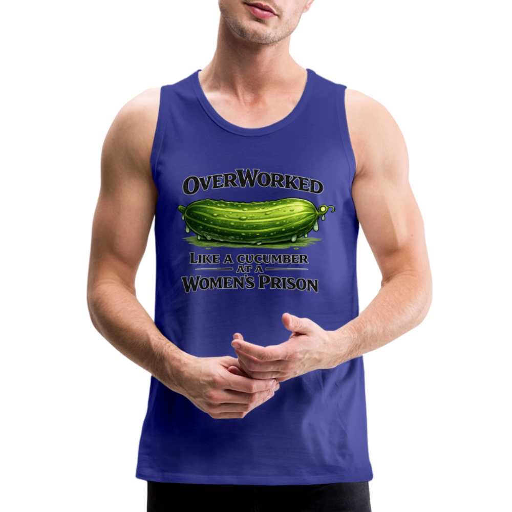 OverWorked Cucumber Funny Adult Humor Tank Top Color: Royal Blue