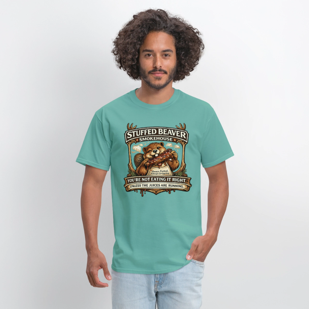 Stuffed Beaver Smokehouse Funny T-Shirt Color: Blue Dusk