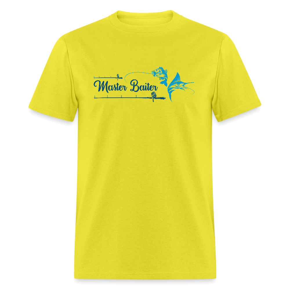 Master Baiter T-Shirt with Hooked Fish and Cursive Text - yellow