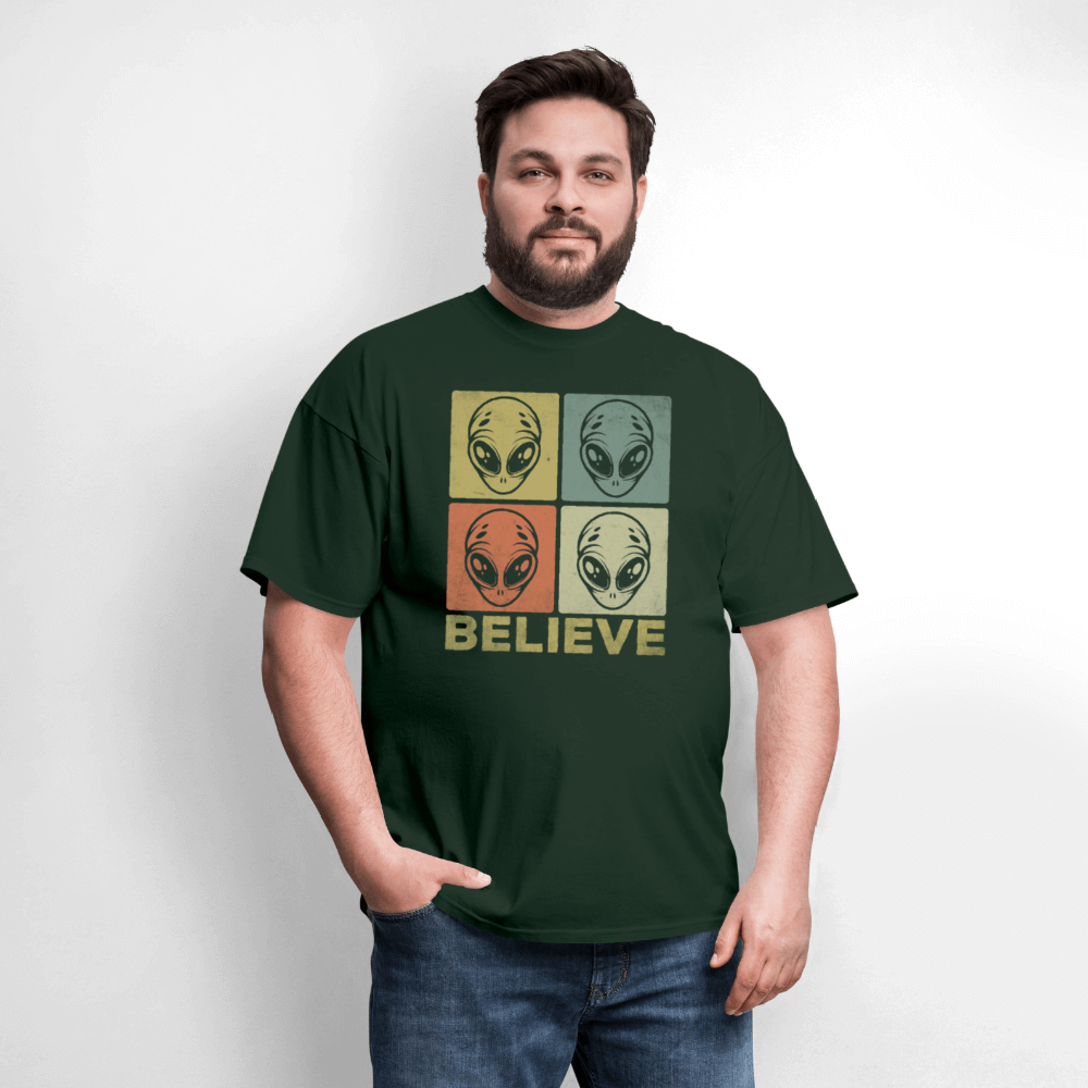 Believe Alien T-Shirt – UFO Style with Alien Faces Design Color: white