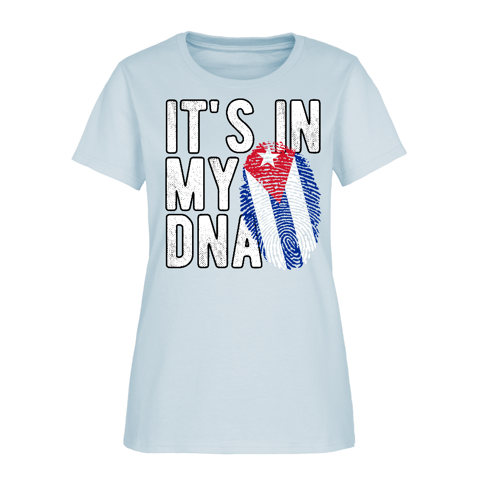 Cuban DNA Women’s T-Shirt – Fingerprint Flag Tee Color: light blue