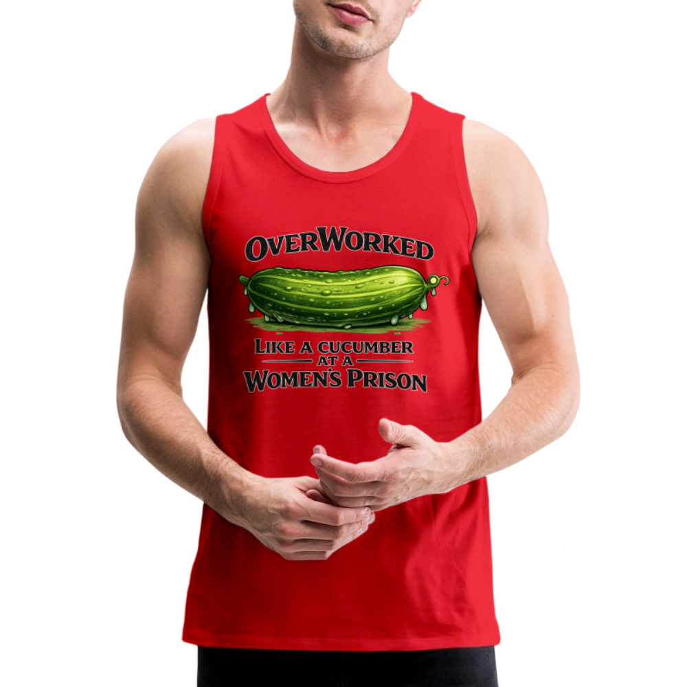 OverWorked Cucumber Funny Adult Humor Tank Top Color: Red