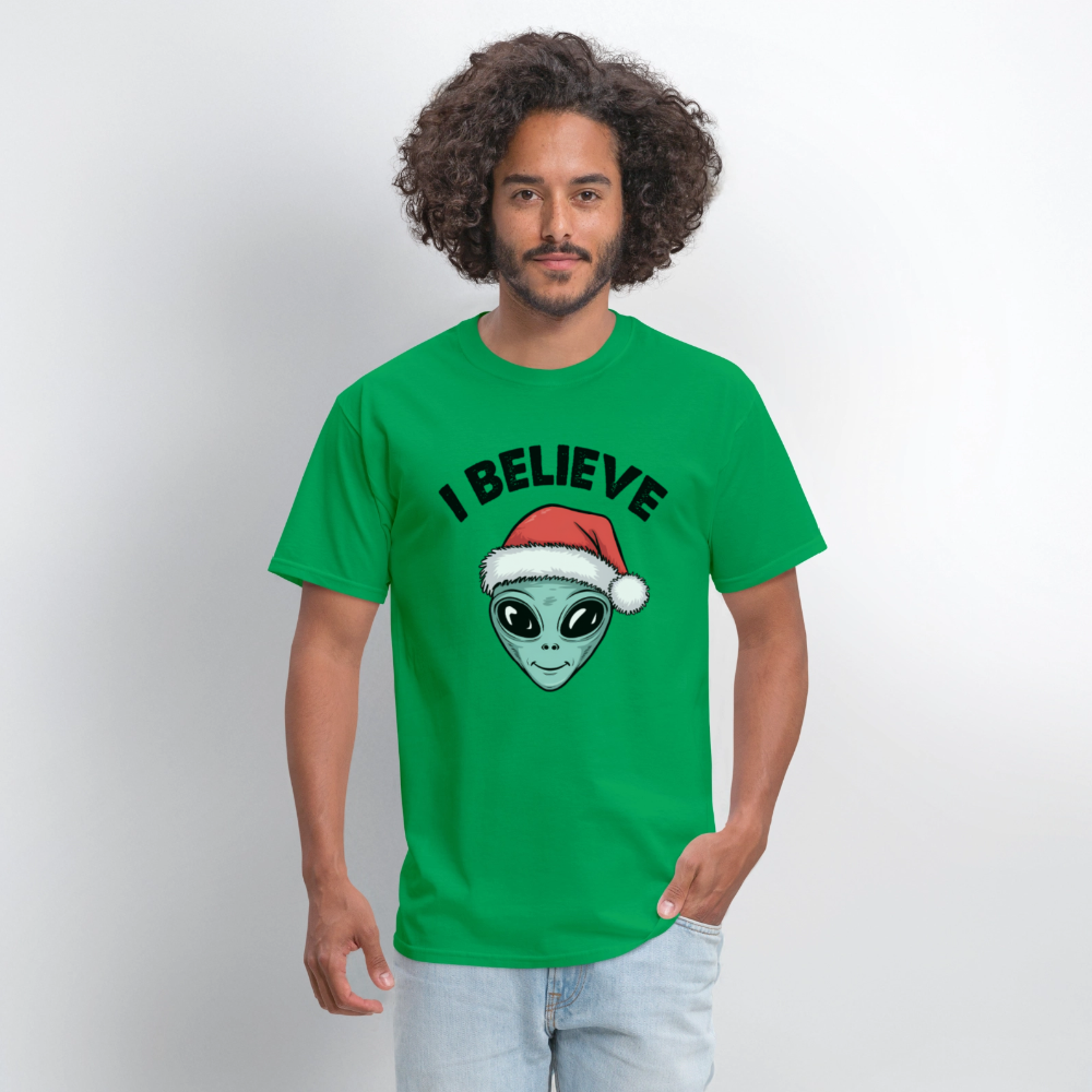 I Believe in Santa T-Shirt – Funny Alien Christmas Tee Color: bright green