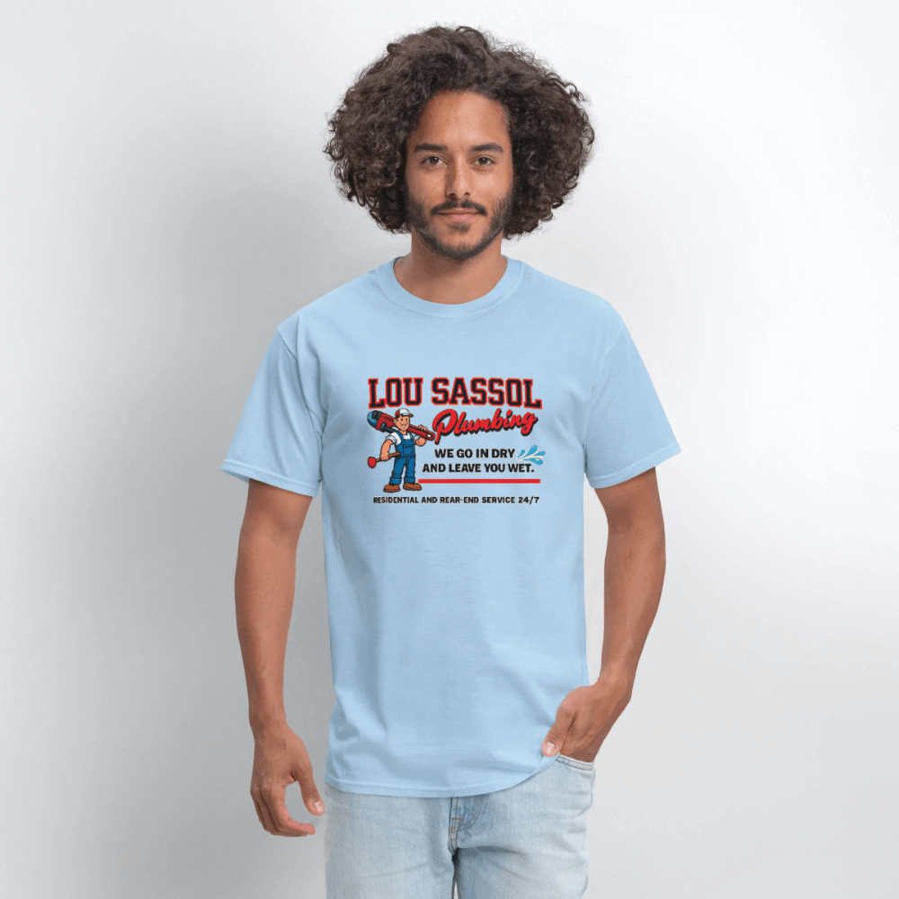 Lou Sassol Plumbing Funny Men’s T-Shirt – Adult Humor Graphic Tee Color: heather gray
