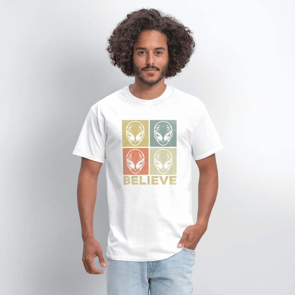 Believe Alien T-Shirt – UFO Style with Alien Faces Design Color: white