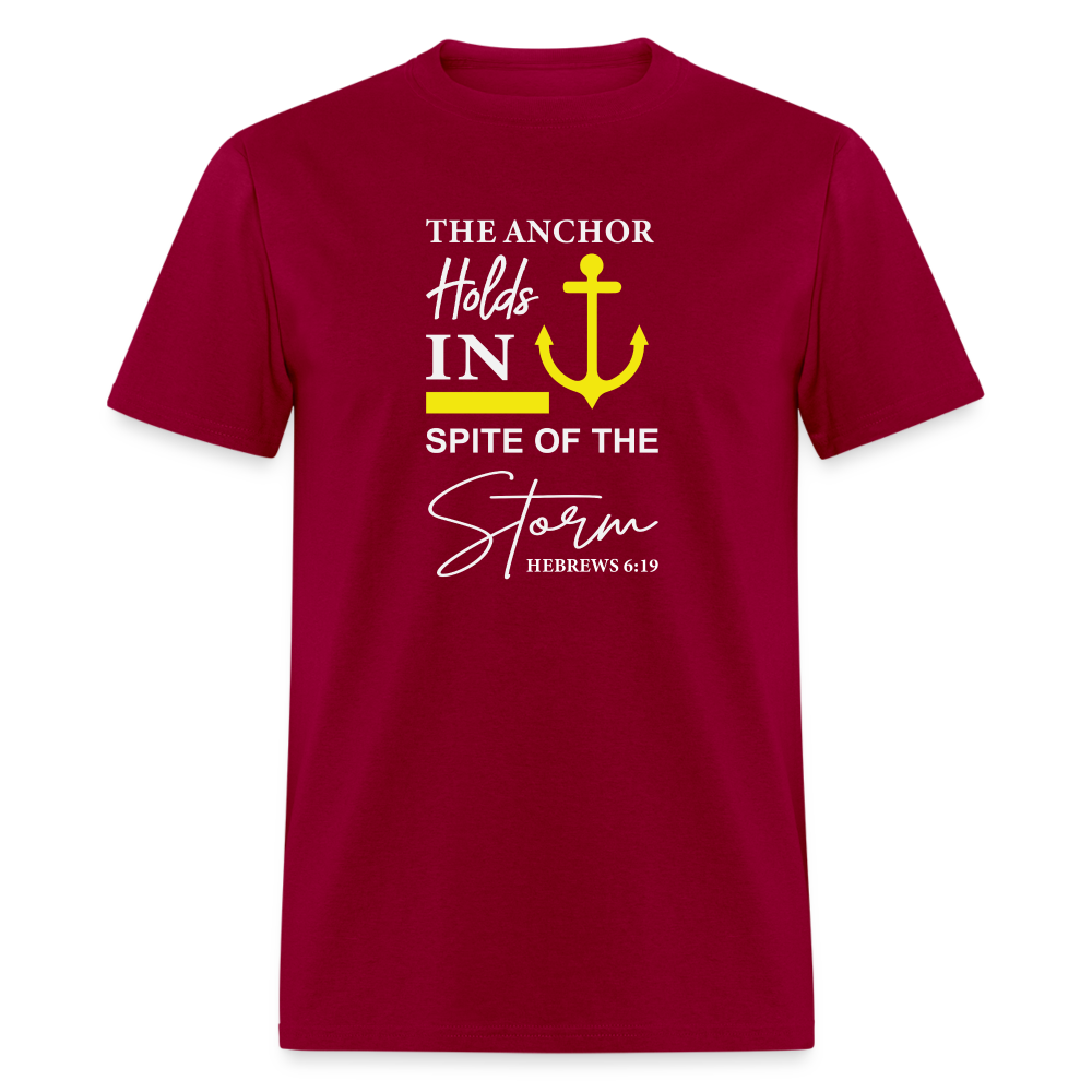 The Anchor Holds in Spit of the Storm T-Shirt (Hebrews 6:19) - dark red