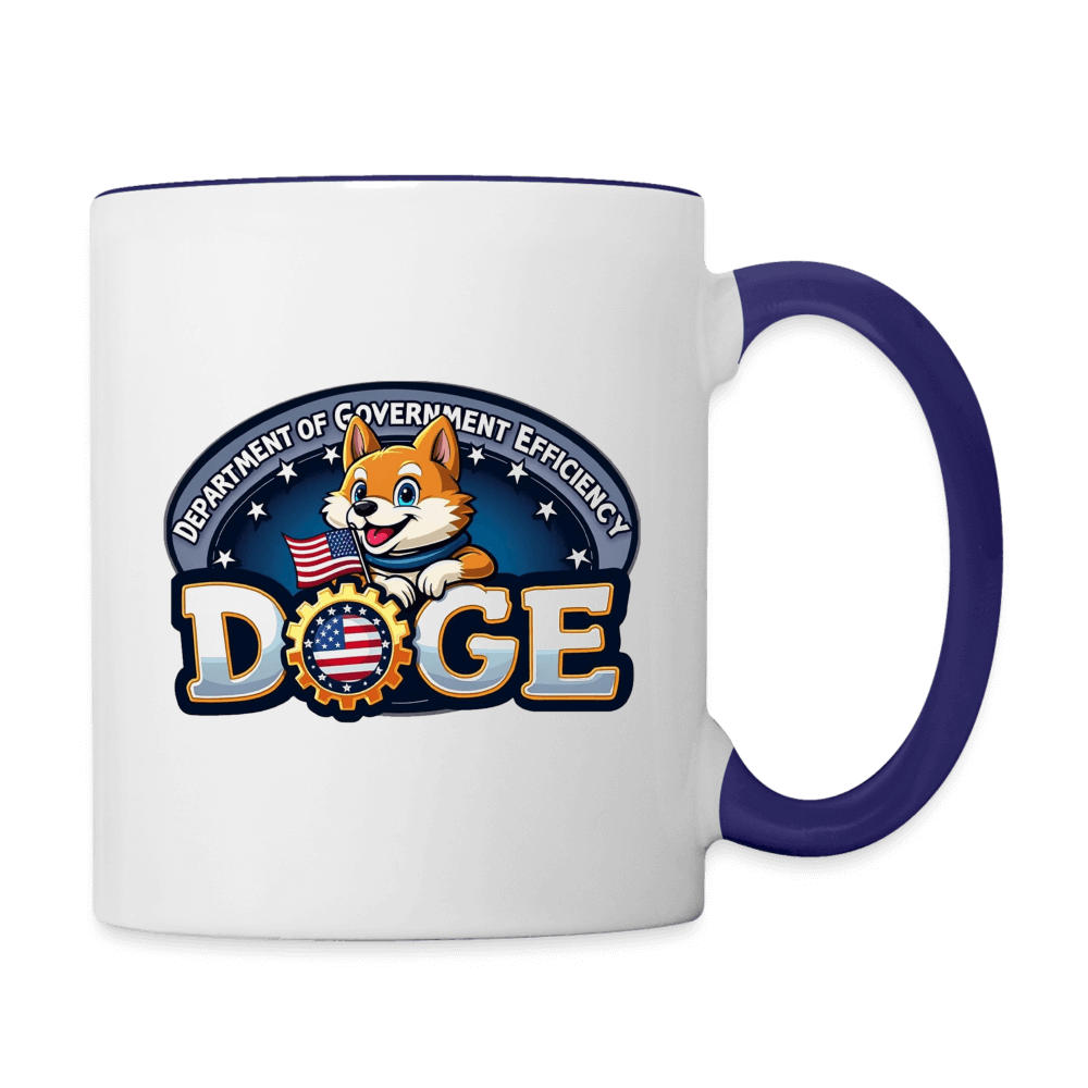 DOGE Logo (Dept of Government Efficiency) Coffee Mug Color: white/cobalt blue