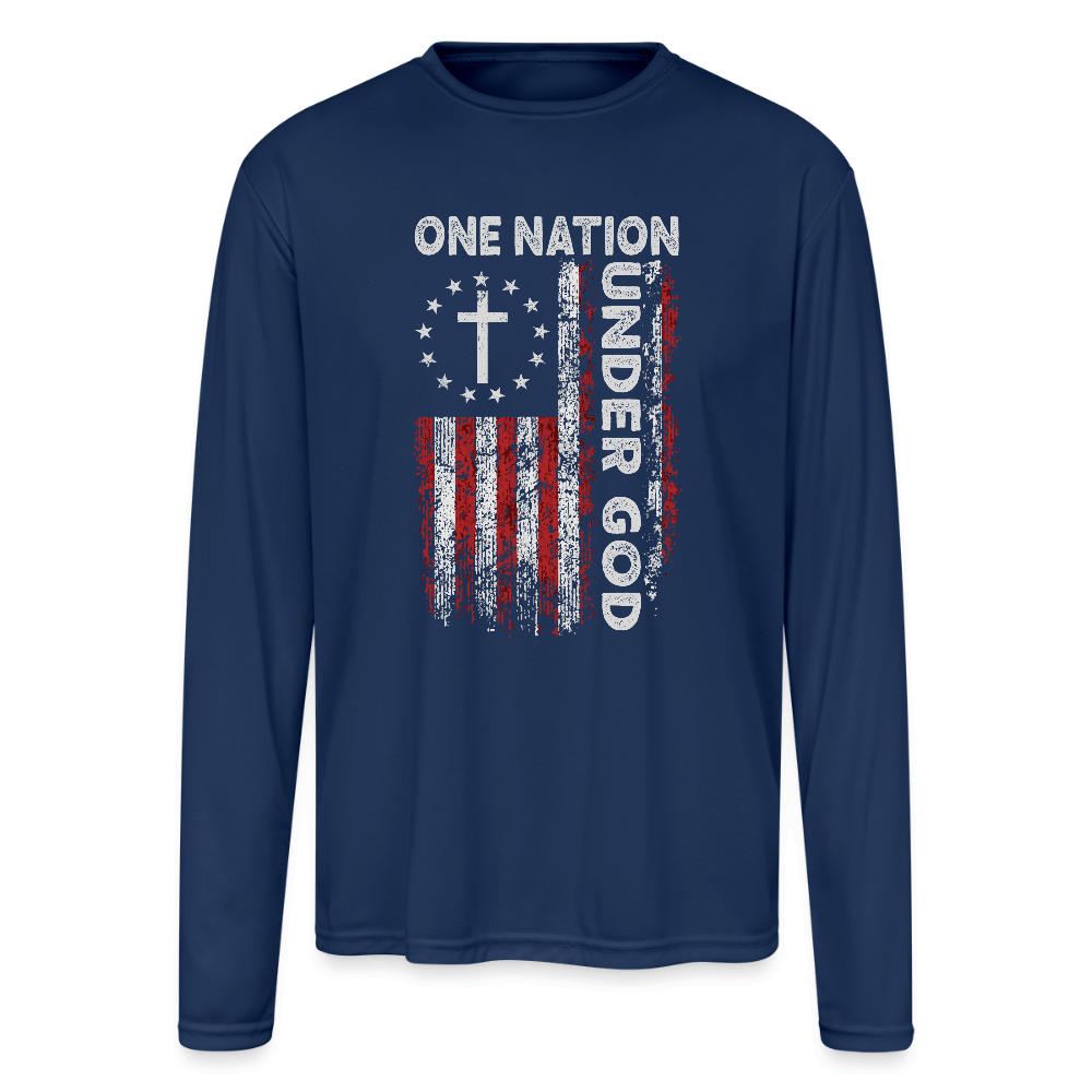 One Nation Under God Men’s Performance Long Sleeve – American Flag Design Color: navy