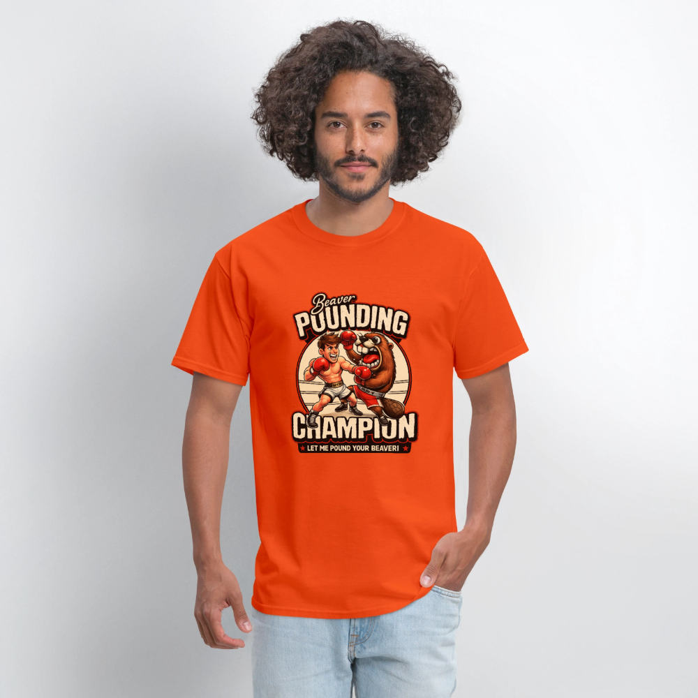 Beaver Pounding Champion Funny Adult Humor Graphic T-Shirt - orange