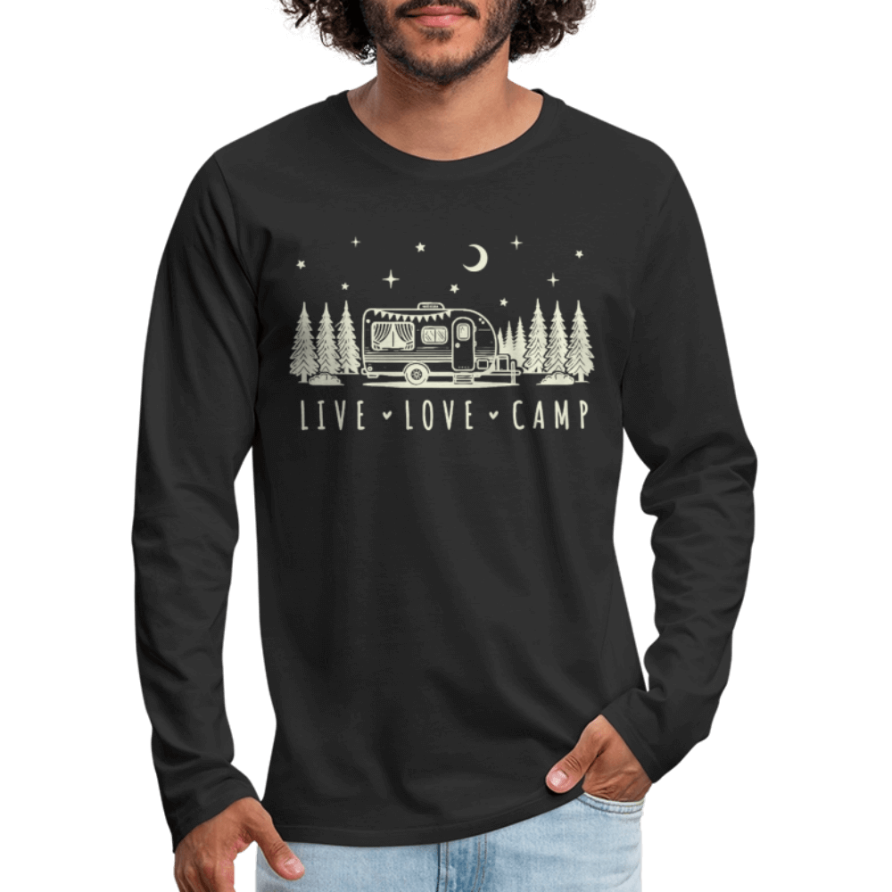 Live Love Camp Men’s Long Sleeve Tee – Camper in the Woods - black
